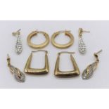 Four pairs of 9ct gold earrings, total weight 4.5g