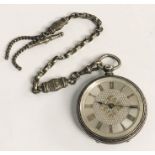 A hallmarked silver fob watch with silvered dial on an SCM chain