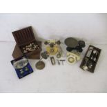 Two vintage telephones, along with a set of scales, basket, quantity of silver plate etc.