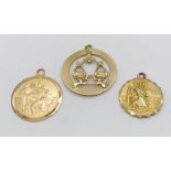 Two 9ct gold St Christopher medallions along with a Zodiac medallion (Libra) total weight 8.3g