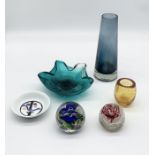 A small collection of art glass including a Riihimaen Lasi Oy vase, paperweights etc