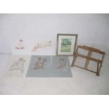 A framed mixed media painting by Maureen Woodley, along with five nude watercolours and an easel.