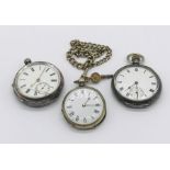 Two silver pocket watches along with a silver plated watch