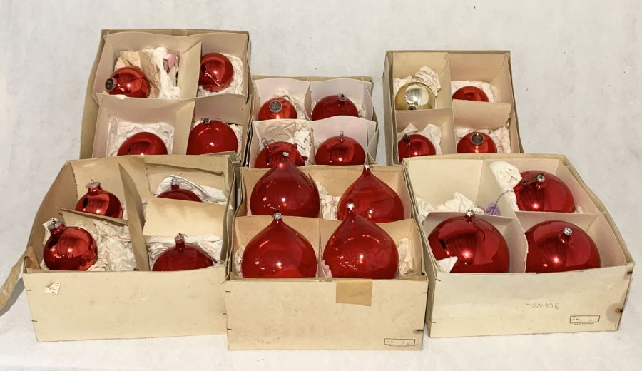 A collection of vintage red glass Christmas decorations bought from Harrods mainly made in West