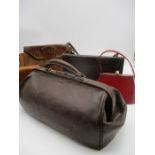 A vintage leather Gladstone bag along with a snakeskin handbag and others