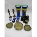 A collection of miscellaneous items including five glass paperweights, pair of vases, small