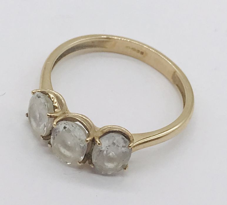 A 9ct gold three stone ring set with white topaz - Image 2 of 3