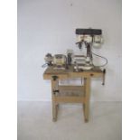 A vintage work bench, along with an Axminster Power Tools Centre power drill and bench grinder.
