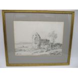 A pencil drawing by John Laporte ( 1761-1839), castle ruins by a lake, monogrammed to lower left and