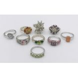 A collection of nine 925 silver gem set rings