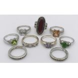 A collection of nine 925 silver gem set rings