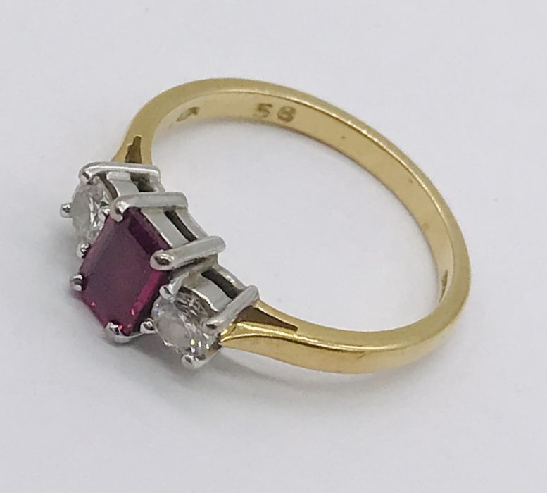 A diamond and ruby three stone ring set in 18ct gold - Image 3 of 3