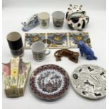 A collection of various china including Oriental pug, vintage tiles, Wade etc