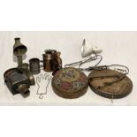 A collection of various items including Victorian beaded stool, railway lamp, Anglepoise lamp,