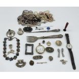 A collection of costume jewellery, silver handled items, two watches (both A/F) etc