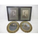 Two watercolour portraits in ornate frames plus two turn of the century photographic portraits.
