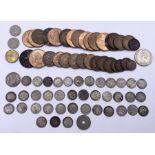 A collection of various pre-decimal coinage including a number of silver 3d's