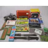 A quantity of model railway accessories including control boxes, landscaping, track, boxed Airfix