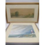 A watercolour of a river scene signed E Lewis along with another of a lighthouse by Lyn Sweetman