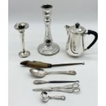 A Georgian silver serving spoon (54g) , silver trumpet vase ( A/F), silver handled button hook and