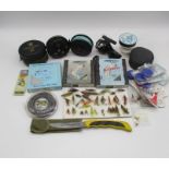 A quantity of fishing tackle, including a Beaudex fly reel, STH fly reel, Mitchell 300 reel, various