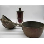 A ships brass explosion proof and red glass dome light along with a copper saucepan etc.