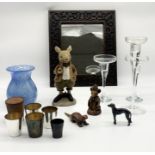 A collection of various items including carved wooden mirror, blue art glass vase etc
