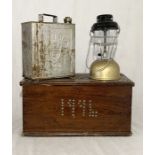 A Shell petrol can, Tilley lamp and decorated wooden trunk