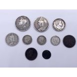 A collection of silver coinage etc including an 1821 George IIII crown, William IV half crown,