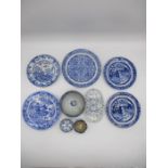 A collection of blue and white china, including Davenport and Spode.