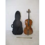 A Stentor Student 11 3/4 size cello along with a bow and a soft case.