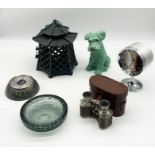 An assortment of items including Sylvac dog, Whitefriars style glass bowl, Lumiere opera glasses