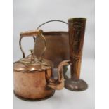 A copper Art Nouveau vase, Beldray, Kettle and large pot.