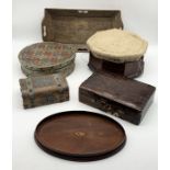 A collection of various boxes etc including a sewing box, inlaid tray, strapwork style box