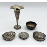 A collection of Indian SCM items including 3 boxes (1 A/F), trumpet vase and scallop edged bowl