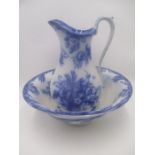A Victorian blue and white jug and bowl set- bowl A/F