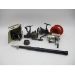 A Mini Lancer 180 collapsible fishing rod, along with a quantity of reels, including two Okuma