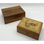 A wooden sewing box (A/F) with contents including three fruit knives, along with another inlaid box