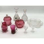 Four cranberry glass pieces including hallmarked silver beaker along with a small collection of