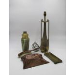An onyx urn with brass top, along with a brass lamp stand, copper brush and tray etc.