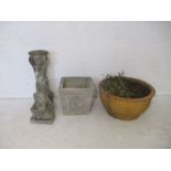 A large ceramic Oriental planter, along with a reconstituted stone planter, a sitting Buddha and a