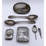 A hallmarked silver cigarette case (A/F), various silver spoons, a miniature embroidered picture and