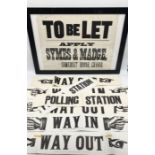 A collection of vintage polling station signs including way in, way out etc including framed 'To