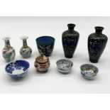 A collection of Chinese and Oriental china and Cloisonné including a pair of green and resin