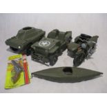 A collection of four Action Man vehicles including a tank, motorbike with sidecar, land rover and