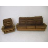 A mid century upholstered three seater sofa plus one matching chair.