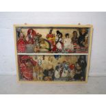 A "diorama" of various dolls, including bisque headed doll etc.