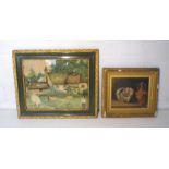A watercolour of a farm scene, along with a still life oil on canvas, both in gilt frames.