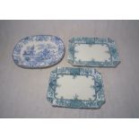 Three blue and white ceramic meat platters.