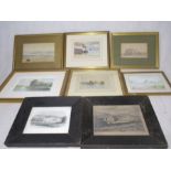 A collection of framed watercolours, etchings etc